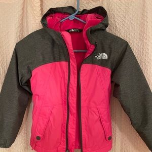 Girls North Face fleece lined rain coat with hood. Good condition.